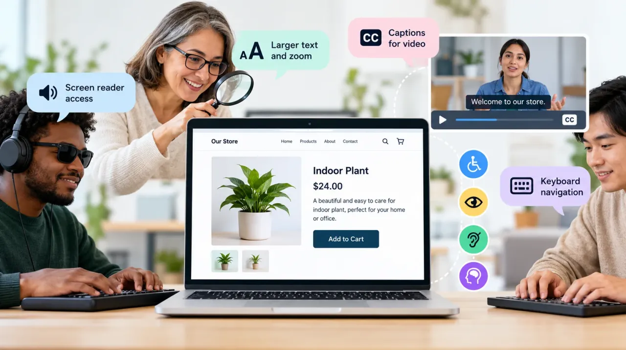 Accessible website design featuring screen readers, keyboard navigation, text enlargement, and video captions.