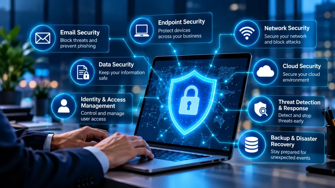 Cybersecurity solutions for businesses including network, cloud, endpoint and data security